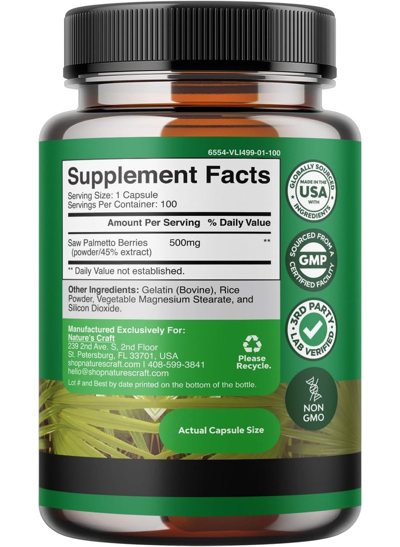 Natures Craft Saw Palmetto, 500 mg, 100 Capsules - Image 2