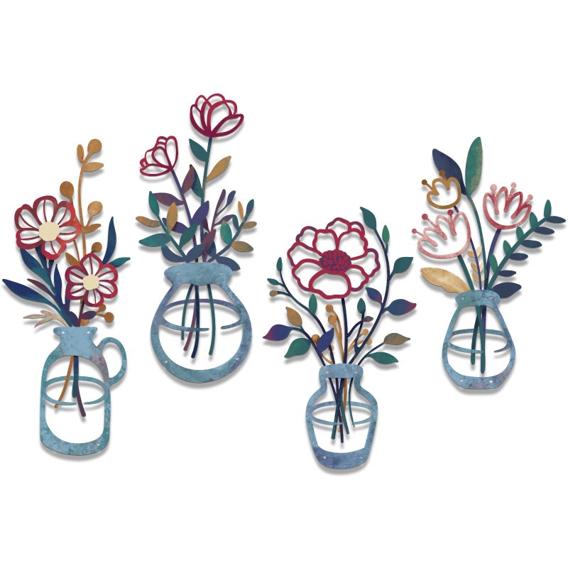 twinklemon 4PCS Metal Flowers Wall Arts Rustic Farmhouse Decor Minimalist Flower Wall Decors Metal Floral Wall Art for Living Room Bathroom Bedroom Dining Room (Multicolored) - Image 1
