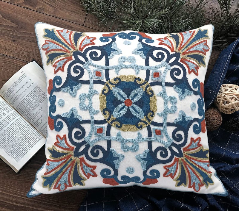 Alysheer Embroidered Decorative Throw Pillow Cover 18 x 18 inch Boho Vintage Farmhouse Cottage Floral Embroidery Knit Pattern 100 Cotton Cushion Case for Sofa Couch Living Room Navy Blue