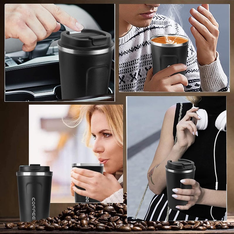 RNGODO كوب قهوة 12 أونصة - كوب قهوة للسفر معزول مانع للانسكاب بغطاء محكم الإغلاق، ترمس قهوة من الفولاذ المقاوم للصدأ مفرغ الهواء للاستخدام الخارجي، كوب قهوة قابل لإعادة الاستخدام للرجال والنساء للمشروبات الساخنة والباردة (أسود) - Image 4