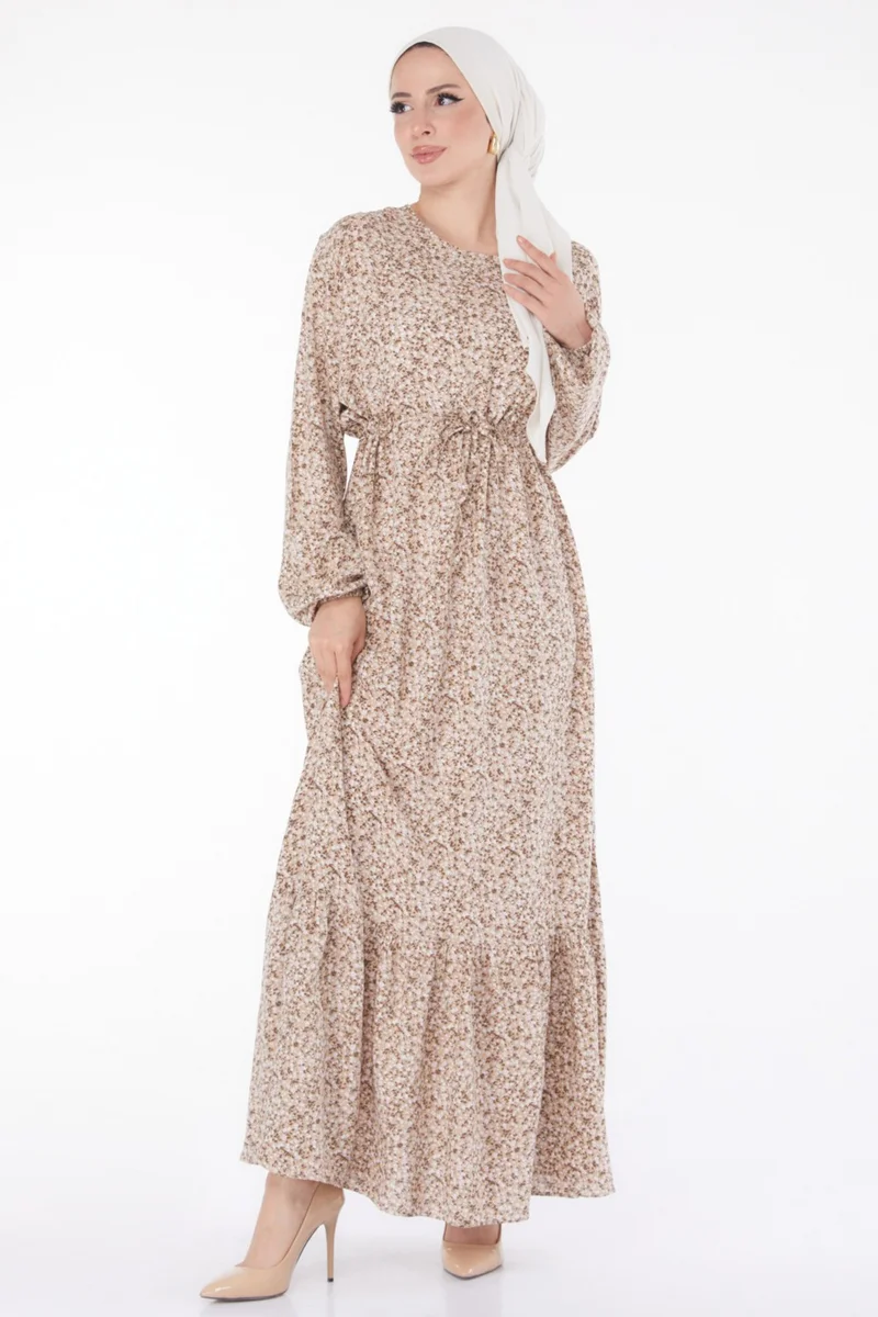 Tofisa Plain Crew Neck Women's Beige Floral Patterned Dress 25408
