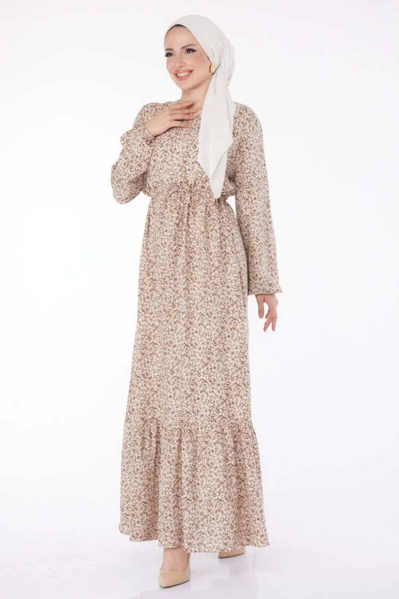 Tofisa Plain Crew Neck Women's Beige Floral Patterned Dress 25408
