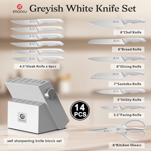 imarku 14 Pcs Kitchen Knife Set, Japanese Knives Set for Kitchen, Stainless Steel Knife Set with Block and Build-in Sharpener, White, Anti-Slip Handle, Dishwasher Safe, Gift for Women - Image 5
