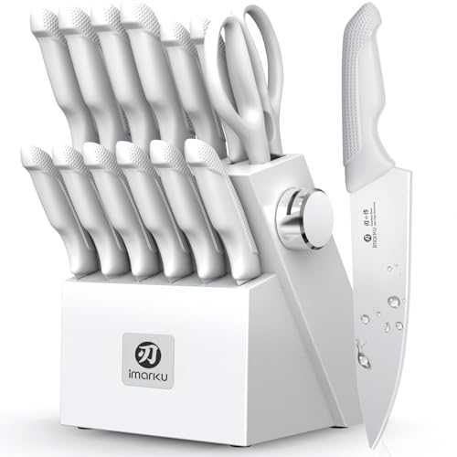 imarku 14 Pcs Kitchen Knife Set, Japanese Knives Set for Kitchen, Stainless Steel Knife Set with Block and Build-in Sharpener, White, Anti-Slip Handle, Dishwasher Safe, Gift for Women - Image 1