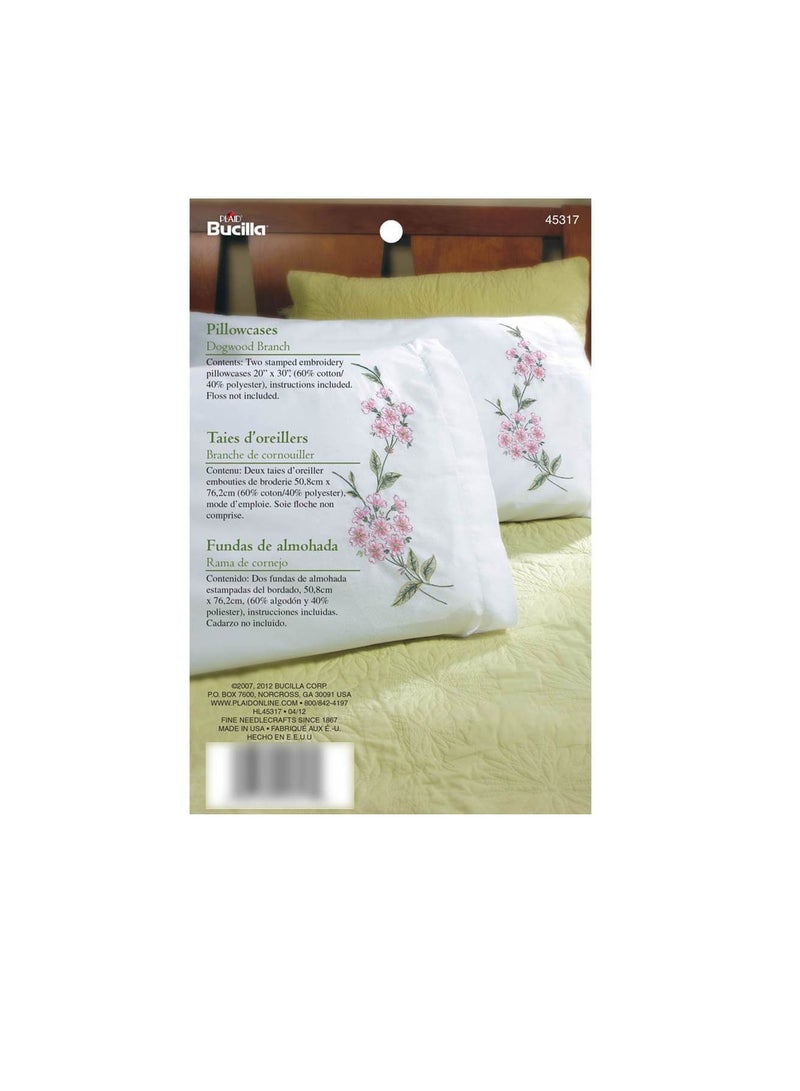 Bucilla Stamped Embroidery Pillowcase Pair 20in x 30in Dogwood Branch - Image 1
