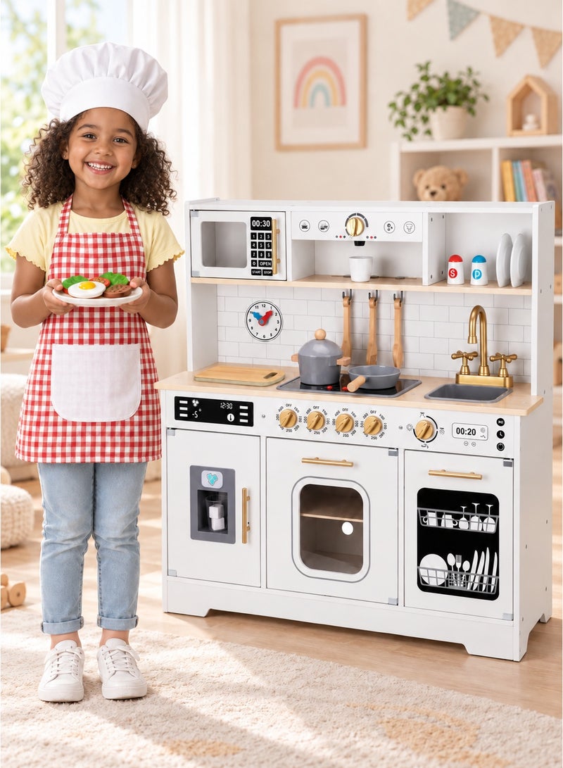 Tooky Toy Kids Toy Kitchen Playset - 15 pcs Wooden Pretend Play Kitchen Set Toys for Kids | Sink, Oven, Stove, Microwave, Coffee Maker, Ice Maker and Cooking Accessories, White, Ages 3+ - Image 1