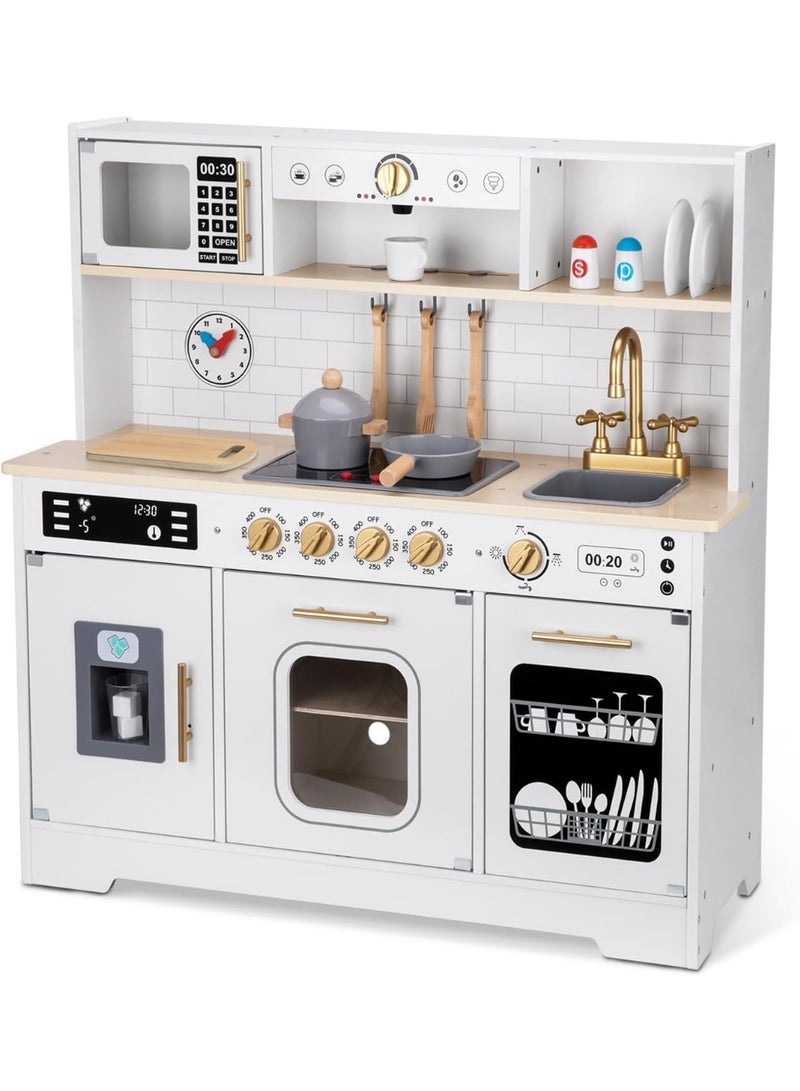 Tooky Toy Kids Toy Kitchen Playset - 15 pcs Wooden Pretend Play Kitchen Set Toys for Kids | Sink, Oven, Stove, Microwave, Coffee Maker, Ice Maker and Cooking Accessories, White, Ages 3+ - Image 2