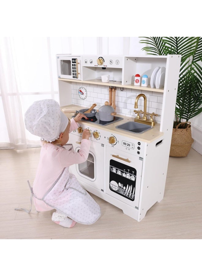 Tooky Toy Kids Toy Kitchen Playset - 15 pcs Wooden Pretend Play Kitchen Set Toys for Kids | Sink, Oven, Stove, Microwave, Coffee Maker, Ice Maker and Cooking Accessories, White, Ages 3+ - Image 3