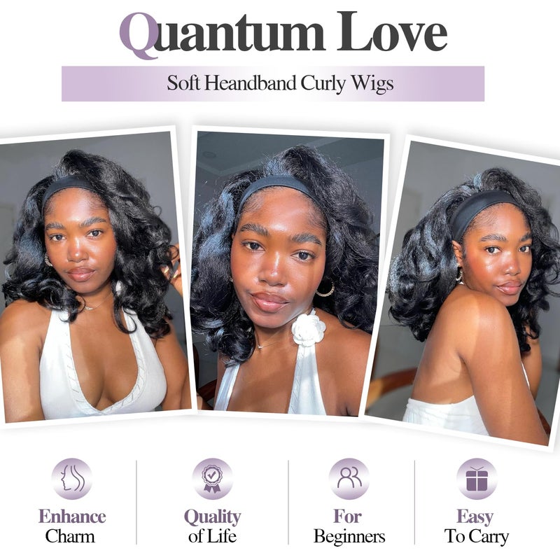 Quantum Love Yaki Curly Headband Wigs for Black Women - Kinky Straight Black Headband Curly Ends Synthetic Wear and Go Glueless Half Wig with Headbands Attached - Image 3