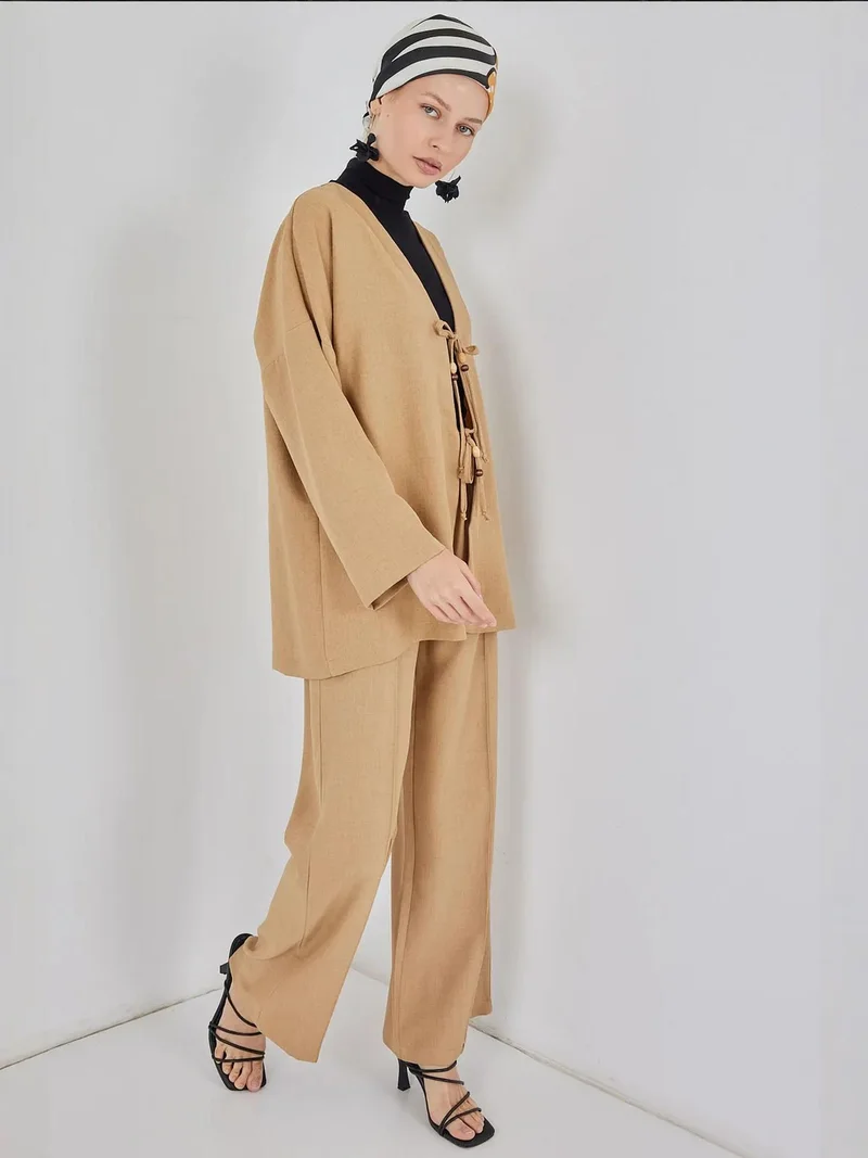 BIG DART Beaver Brown BDART V-Neck Cardigan and Wide Leg Pants Set for Women | Best Price UAE