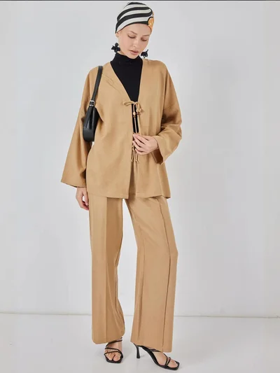 BIG DART BDART Linen Blend Binding Detailed Cardigan and Rib Detail Wide Leg Pants Set