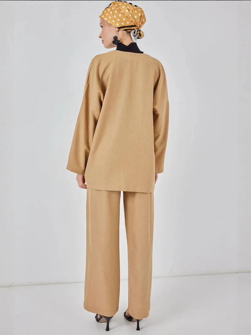 BIG DART Beaver Brown BDART V-Neck Cardigan and Wide Leg Pants Set for Women | Best Price UAE