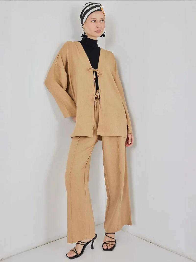 BIG DART Beaver Brown BDART V-Neck Cardigan and Wide Leg Pants Set for Women | Best Price UAE