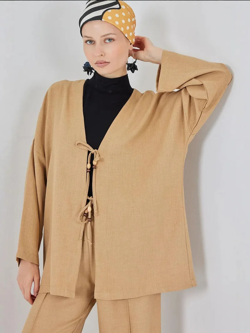 بيغ دارت طقم كارديجان برباط كتان وسروال واسع الساق بتفاصيل مضلعة