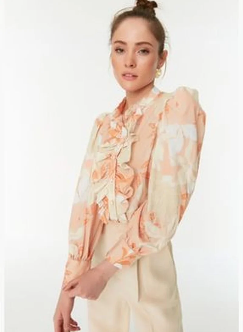 trendyol Orange Floral Frilly Chiffon Woven Shirt TWOAW22GO0117