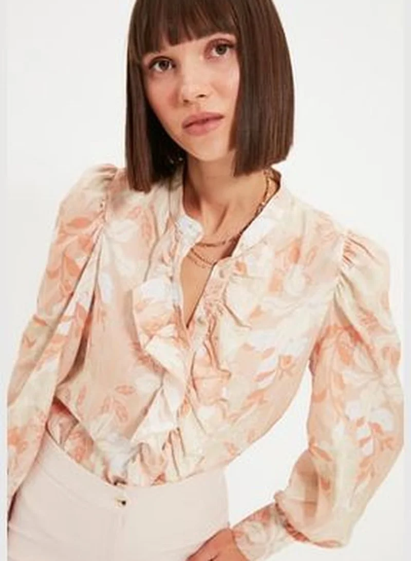 trendyol Orange Floral Frilly Chiffon Woven Shirt TWOAW22GO0117