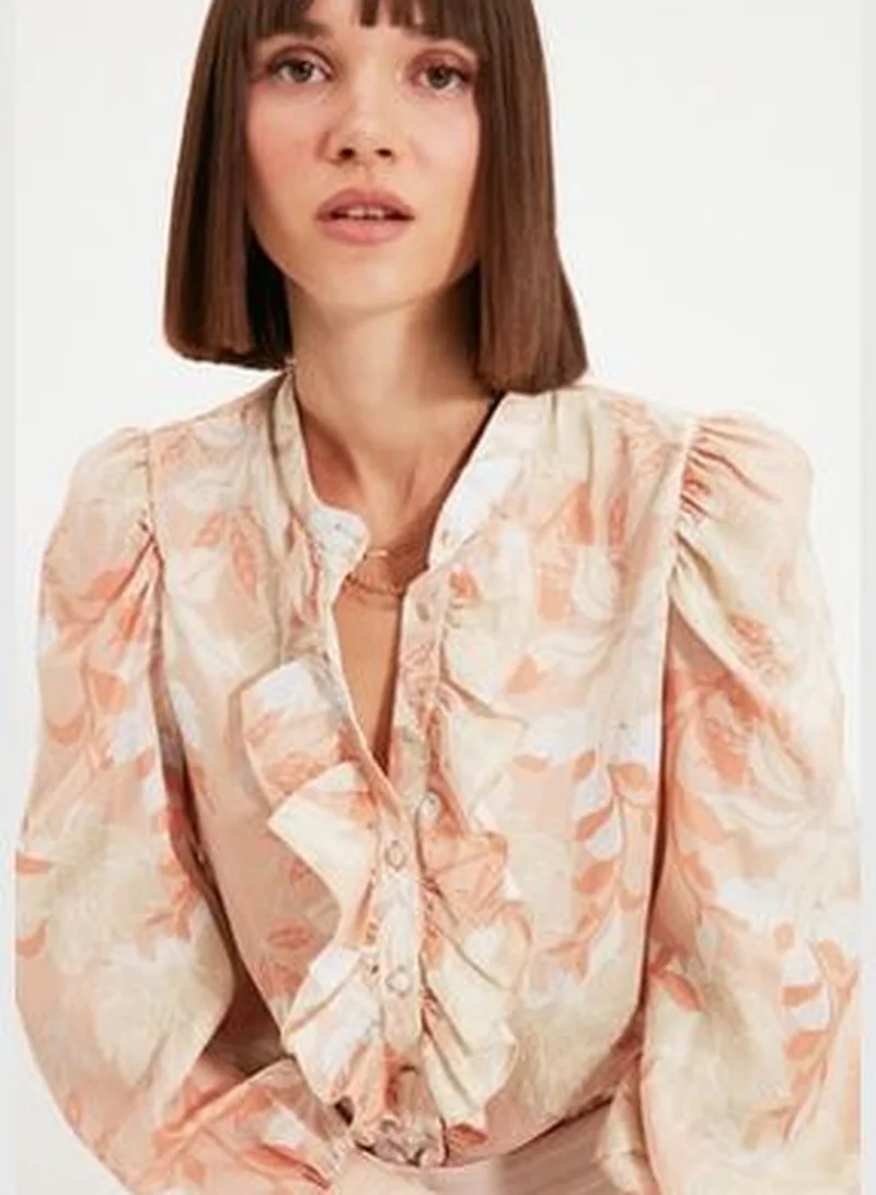 trendyol Orange Floral Frilly Chiffon Woven Shirt TWOAW22GO0117