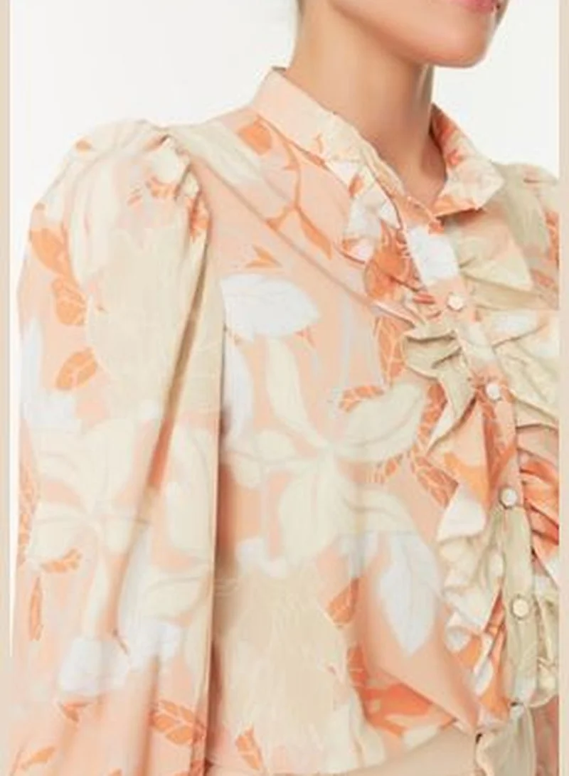 trendyol Orange Floral Frilly Chiffon Woven Shirt TWOAW22GO0117