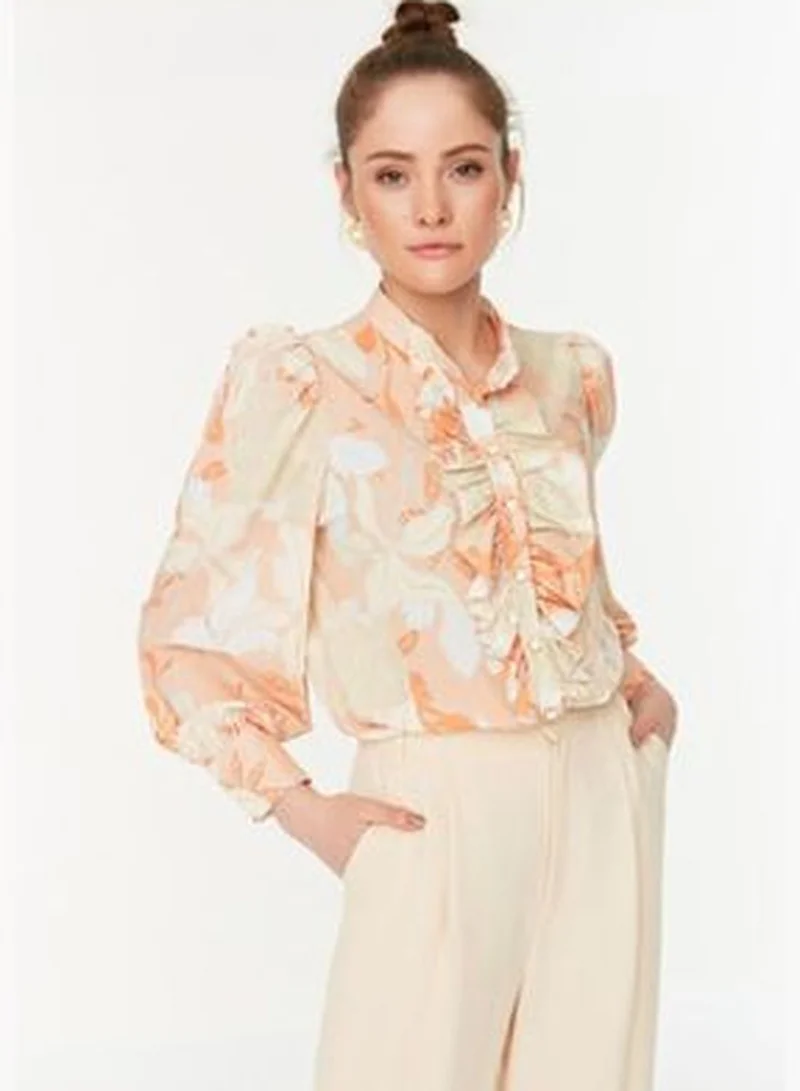 trendyol Orange Floral Frilly Chiffon Woven Shirt TWOAW22GO0117