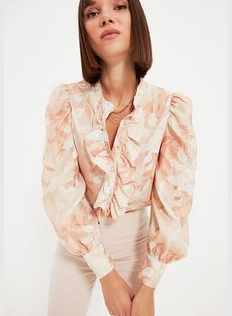 trendyol Orange Floral Frilly Chiffon Woven Shirt TWOAW22GO0117