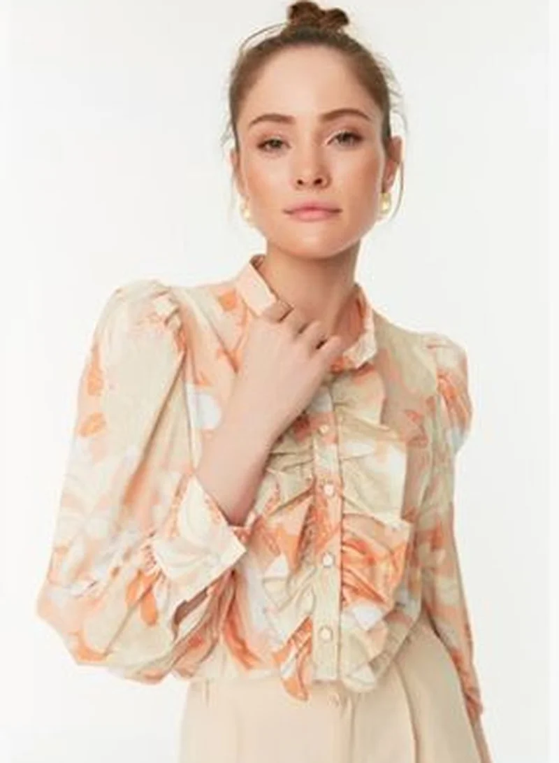 trendyol Orange Floral Frilly Chiffon Woven Shirt TWOAW22GO0117