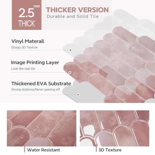 Vamos Tile بلاط فاموس 10 ورقة بلاط خلفية قابل للإزالة واللصق، بلاط حائط فينيل ذاتي اللصق باللون الوردي، لصق خلفية للمطبخ، الحمام، RV (تصميم أكثر سمكًا) - Image 3