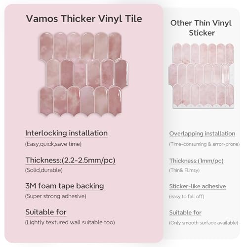 Vamos Tile بلاط فاموس 10 ورقة بلاط خلفية قابل للإزالة واللصق، بلاط حائط فينيل ذاتي اللصق باللون الوردي، لصق خلفية للمطبخ، الحمام، RV (تصميم أكثر سمكًا) - Image 5