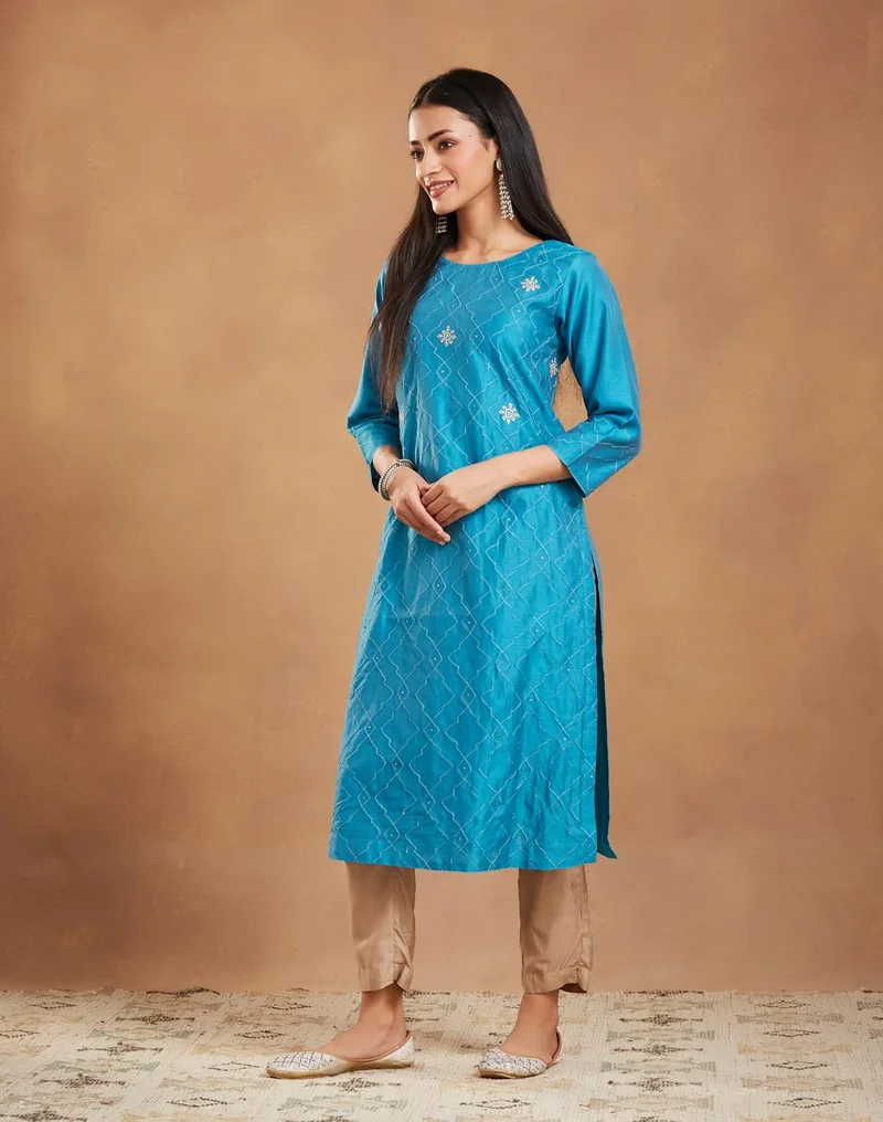Fabindia  Teal Cotton Silk Embroidered Long Kurta for Women | Best Price UAE