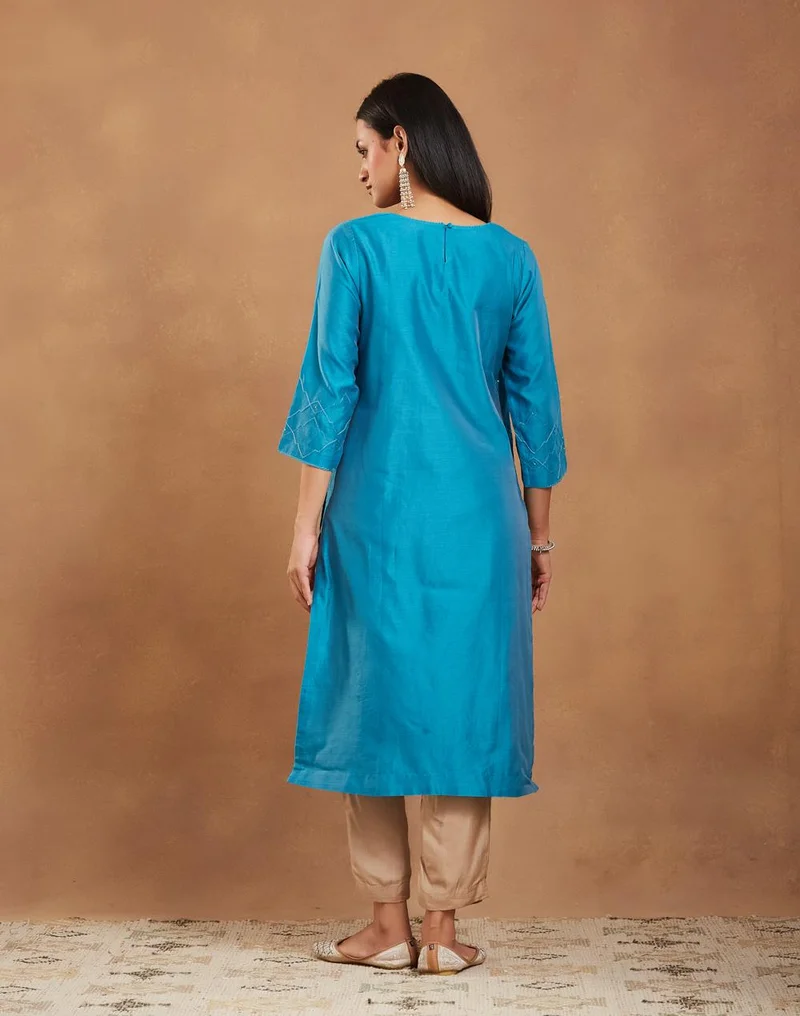 Fabindia  Teal Cotton Silk Embroidered Long Kurta for Women | Best Price UAE