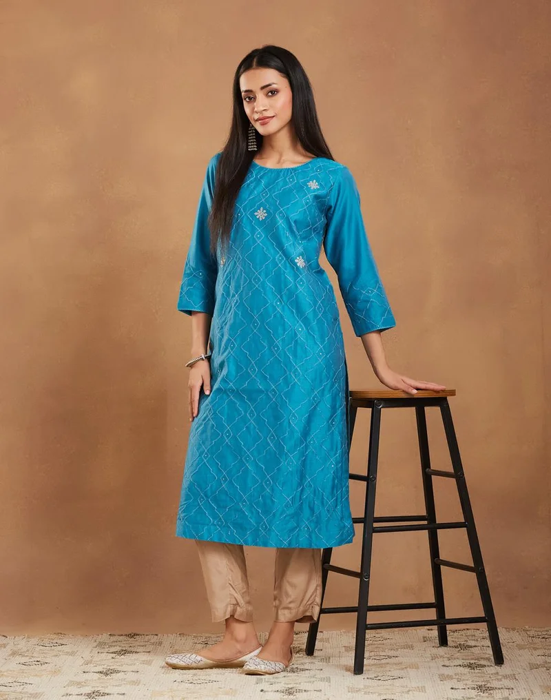 Teal Cotton Silk Embroidered Long Kurta