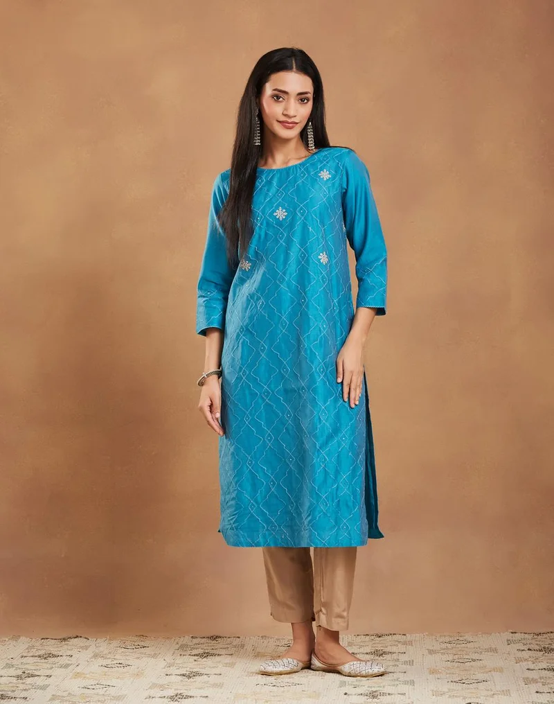 Fabindia  Teal Cotton Silk Embroidered Long Kurta for Women | Best Price UAE