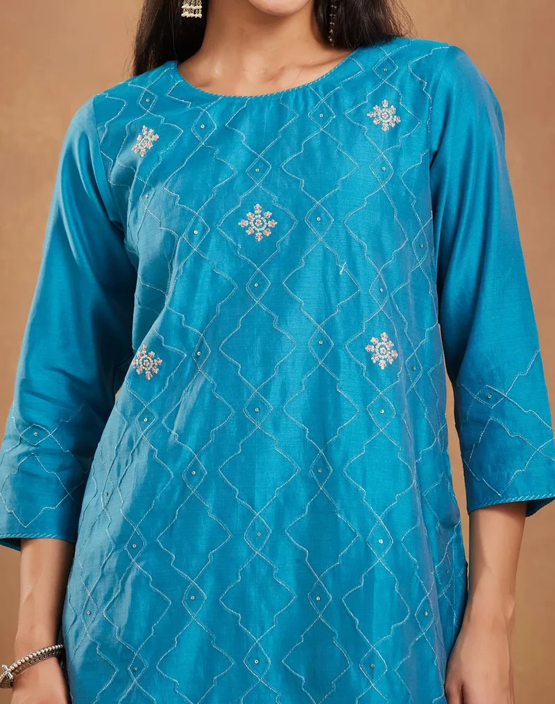 Fabindia  Teal Cotton Silk Embroidered Long Kurta for Women | Best Price UAE