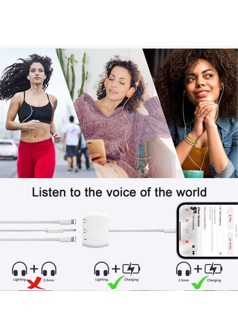 Dual Lightning Splitter for iPhone, Headphone Jack Audio Adapter & Splitter & Cable, for iPhone 13/12/SE/11/Xs/XR/X/8 7, Support iOS 15 (White)