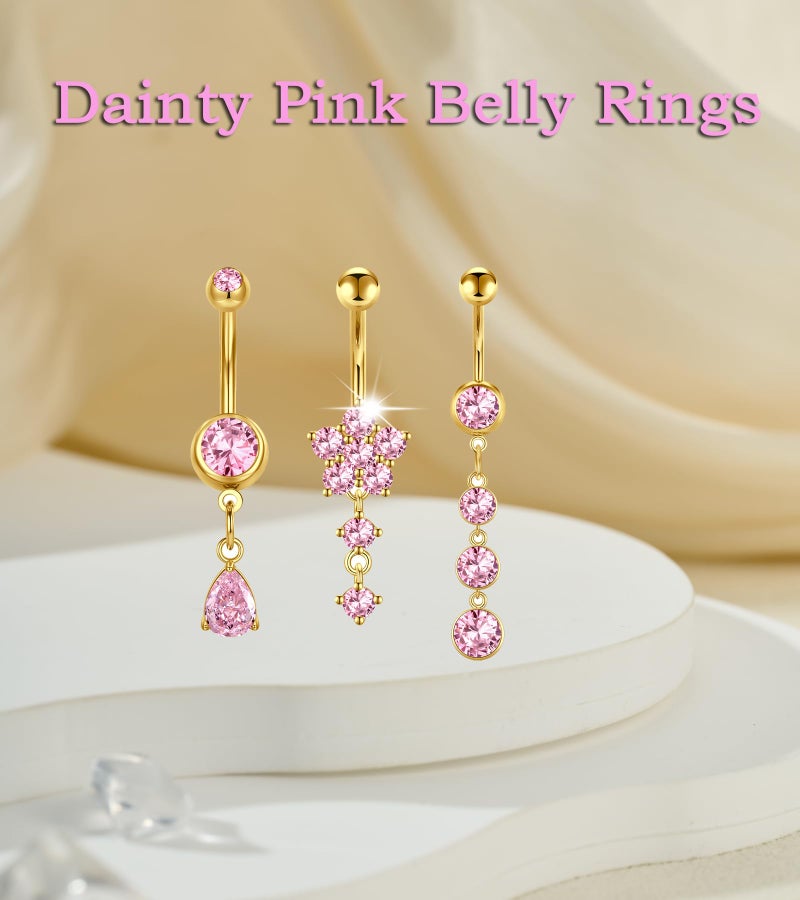 MODRSA Dangle Belly Button Ring for Women Gold Dangling Belly Piercing Jewelry Dangly Hypoallergenic Surgical Steel Navel Rings Pink Flower Cute Dainty Navel Piercings 3pcs - Image 3