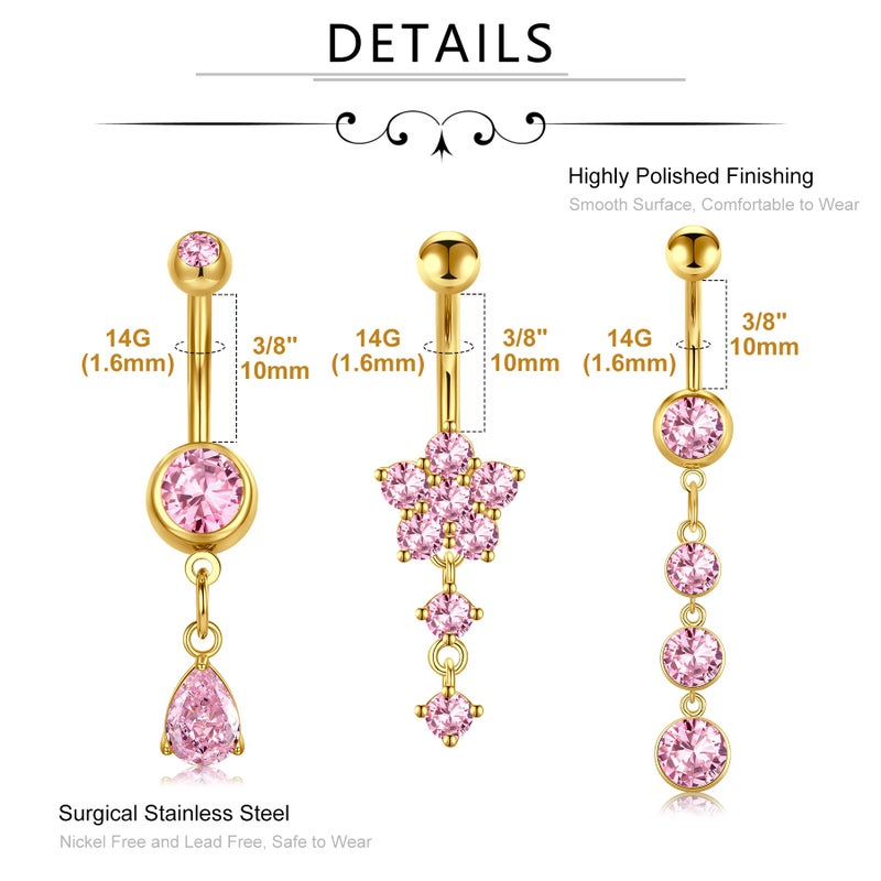 MODRSA Dangle Belly Button Ring for Women Gold Dangling Belly Piercing Jewelry Dangly Hypoallergenic Surgical Steel Navel Rings Pink Flower Cute Dainty Navel Piercings 3pcs - Image 2