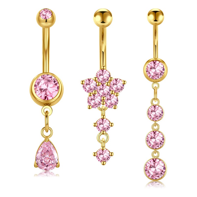 MODRSA Dangle Belly Button Ring for Women Gold Dangling Belly Piercing Jewelry Dangly Hypoallergenic Surgical Steel Navel Rings Pink Flower Cute Dainty Navel Piercings 3pcs - Image 1