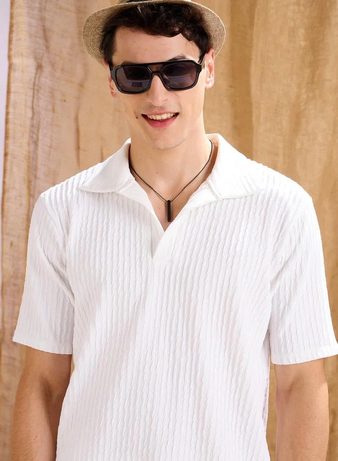 SASSAFRAS Sassafras White Textured Relaxed Fit Polo Neck T-Shirt