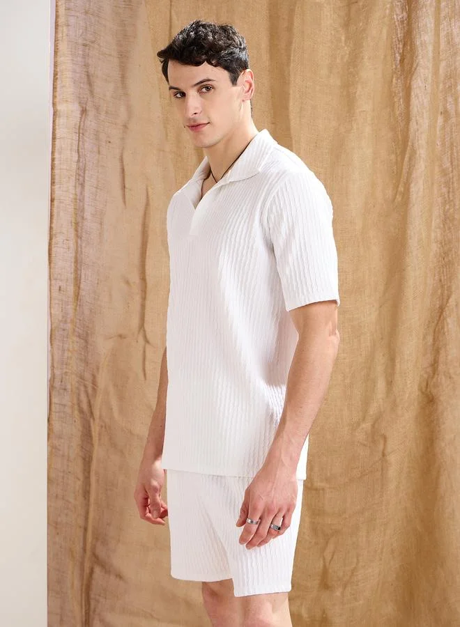SASSAFRAS White Textured Relaxed Fit Polo Neck T-Shirt