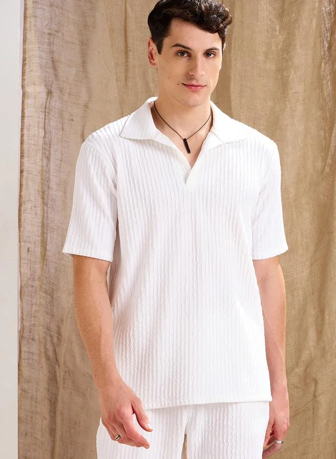 SASSAFRAS Sassafras White Textured Relaxed Fit Polo Neck T-Shirt
