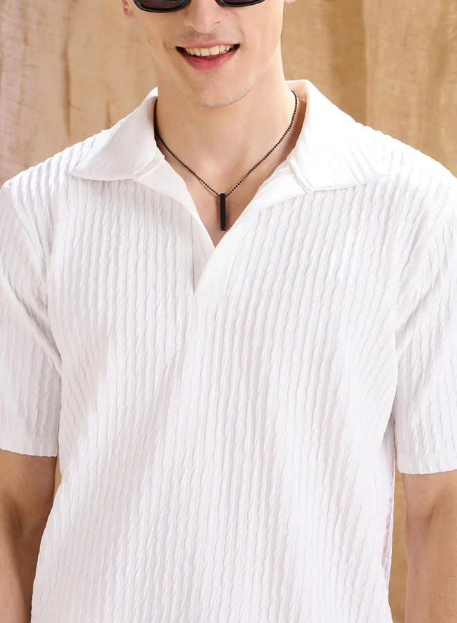 SASSAFRAS White Textured Relaxed Fit Polo Neck T-Shirt
