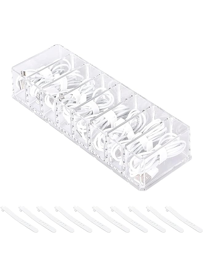 PROMASS Cable Management Box with 10 Wire Ties, Clear Power Cord Organizer with 8 Compartments, Electronics Organizer for Office, Home Use, Desk Accessories Storage for Stationery Supplies - Image 1