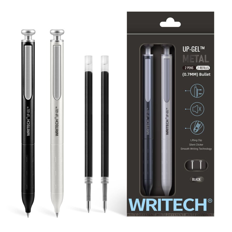 WRITECH Gel Pens Fine Point: Premium Metal Barrel Retractable 0.7mm Black Ink Pen 2ct with 2 Refills No Smear & Bleed Quick Dry Smooth Writing Silent Click Luxury Up-Gel - Image 1