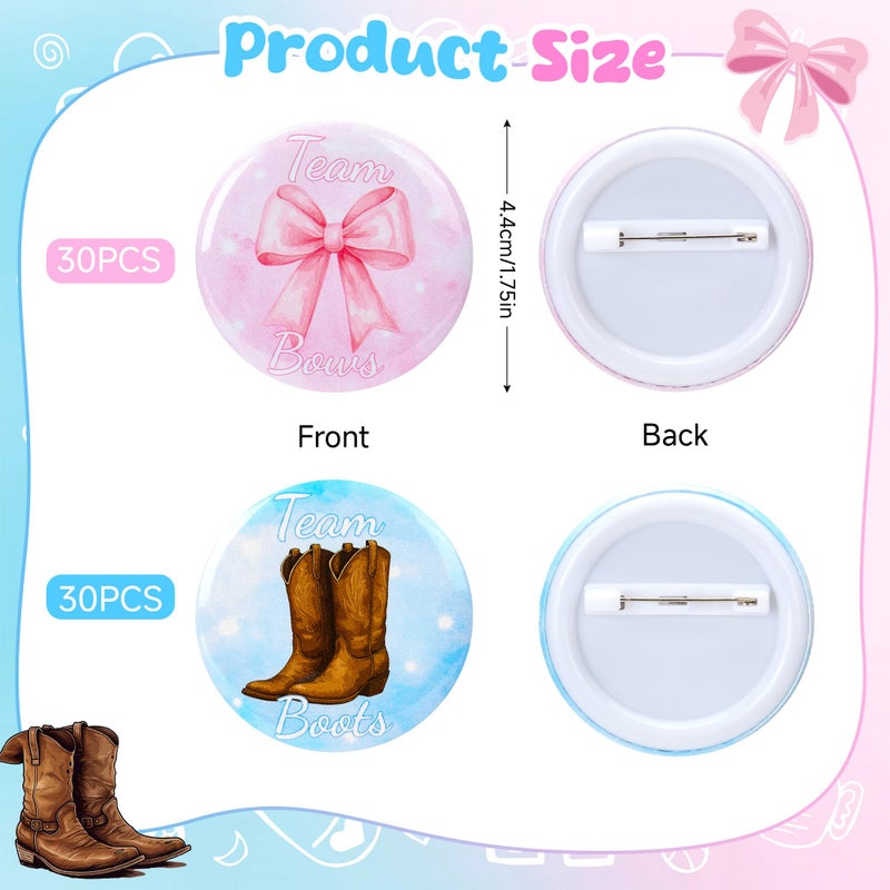 Bafeil 60pcs Boots or Bows Gender Reveal Pins, Boots or Bows Gender Reveal Decorations, Team Boy or Girl Pins, 1.73inch Baby Shower Pin for Guest Party Favors(2 Design) - Image 2