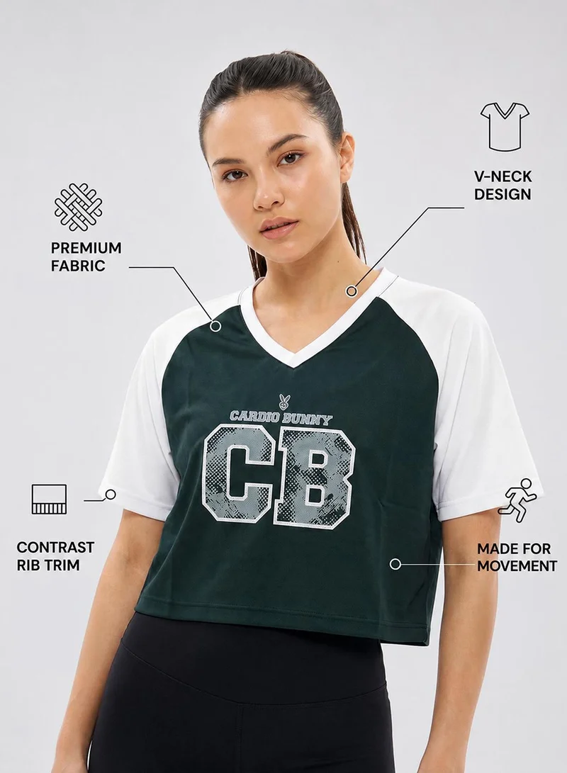 Cardio Bunny green Women's Regular Fit Crop Varsity Tee With Raglan Sleeve for Women | Best Price UAE