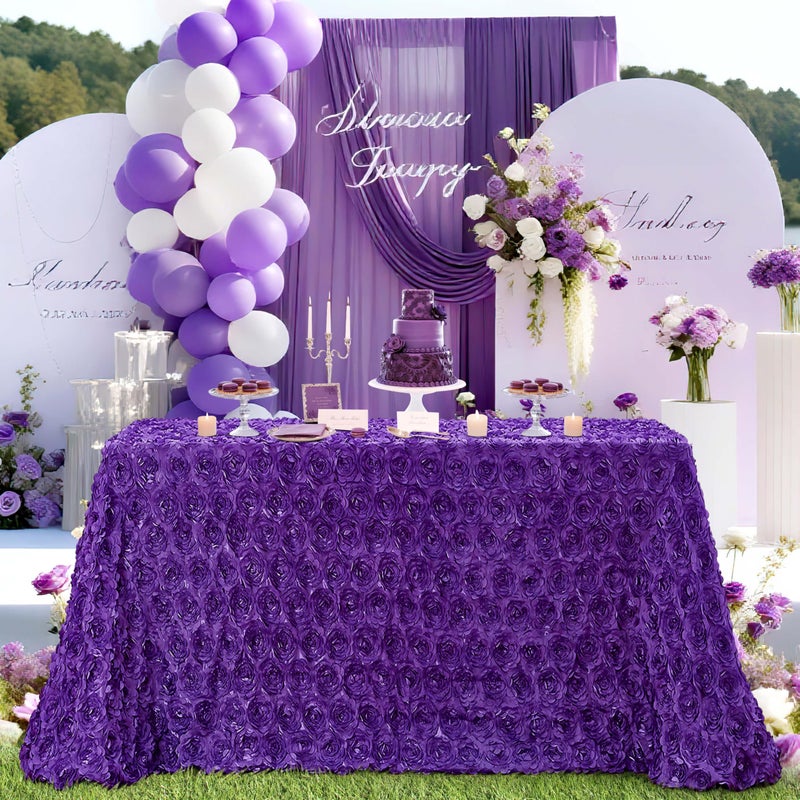 BCOOL Rosette Tablecloth 90x132 Inch Purple Rectangle Rose Wedding Tablecloth 3D Floral Satin Tablecloths for Ceremony Engagement Party Prom Table Decorations