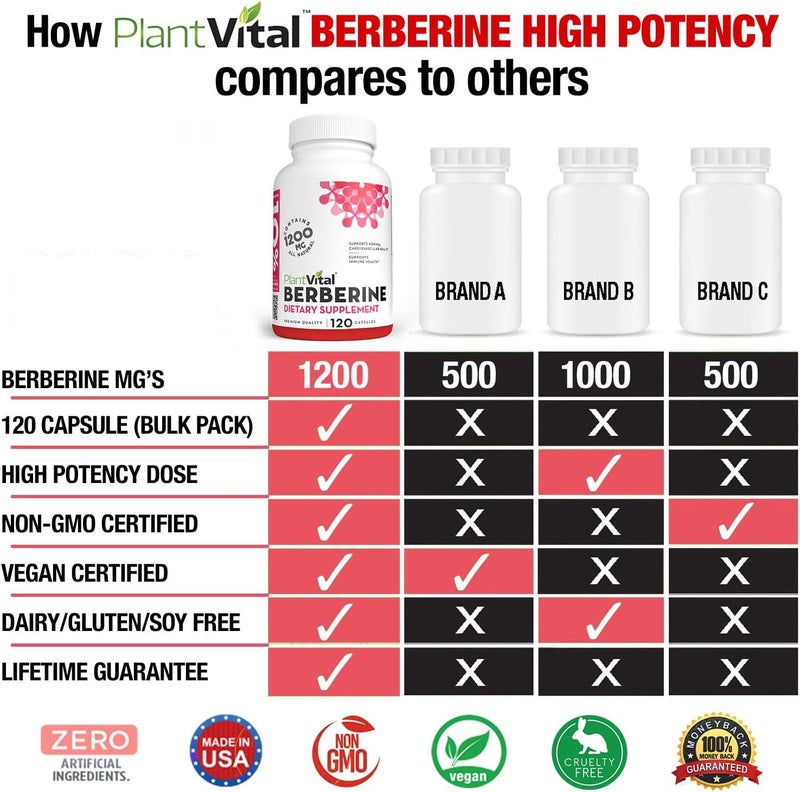 PlantVital Berberine 1200mg 2 caps NonGMO Supplement for Immunity Support and Normal Cardiovascular Health  120 Count Vegan and Made in the USA - Image 3