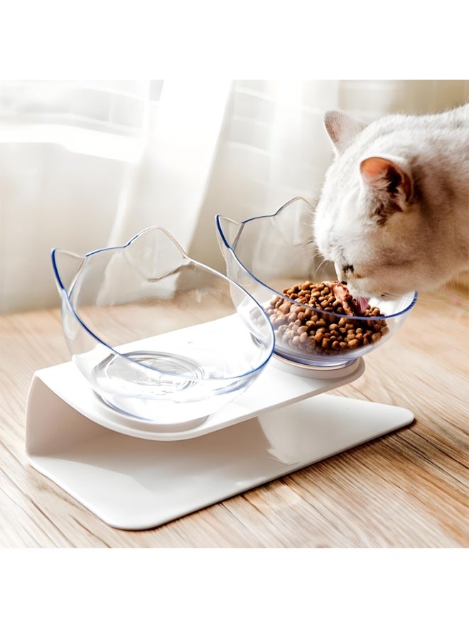 وعاء القطة يأتي مع موقف، 15 درجة ميل ومزدوجة وعاء تصميم، وعاء طعام القطط الشفاف مناسبة للقطط من جميع الأحجام - أبيض - Image 3