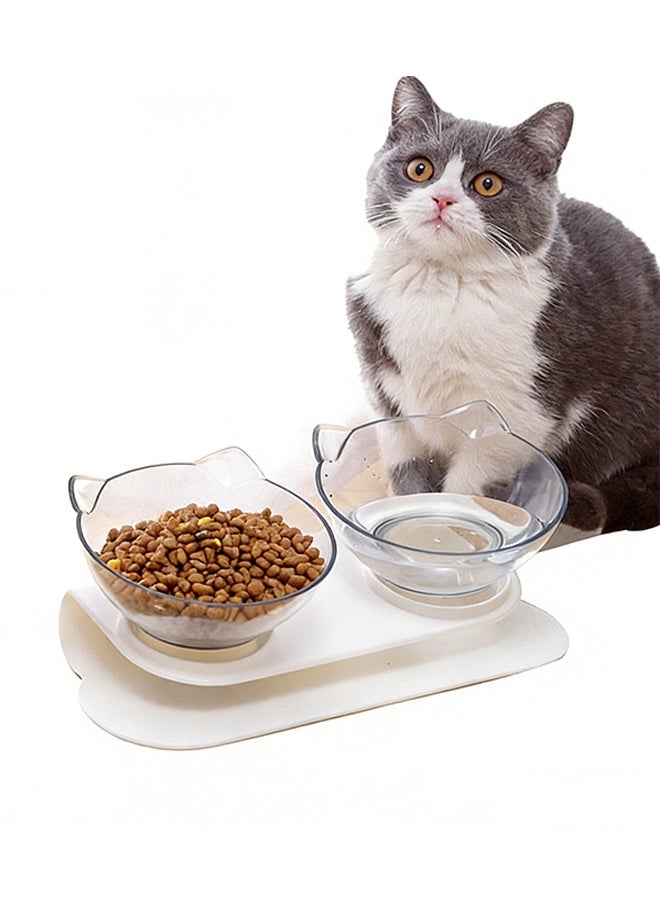 وعاء القطة يأتي مع موقف، 15 درجة ميل ومزدوجة وعاء تصميم، وعاء طعام القطط الشفاف مناسبة للقطط من جميع الأحجام - أبيض - Image 1