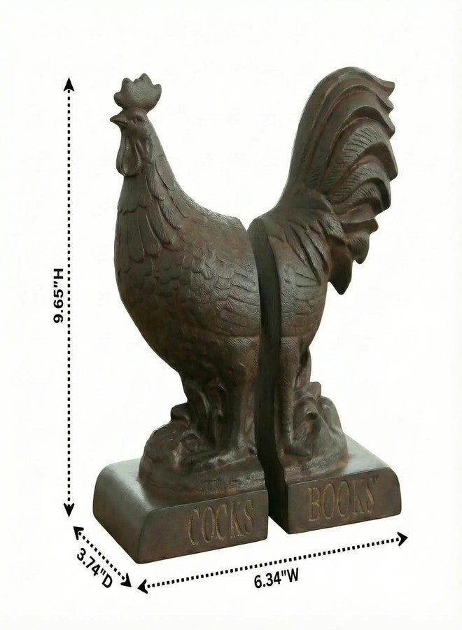 Comfy Hour 10" Bronze Rooster Antique Vintage Figurine Style Bookends, Rustic Farmhouse Animal Statue Home Decor, Heavy Duty Book Stoppers Pair - Image 2