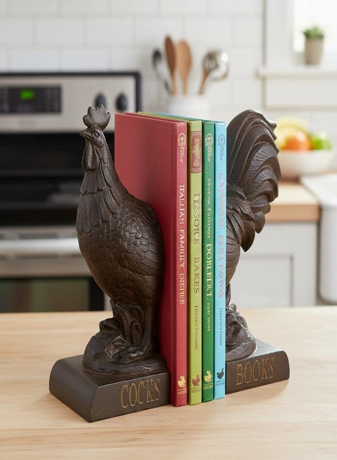 Comfy Hour 10" Bronze Rooster Antique Vintage Figurine Style Bookends, Rustic Farmhouse Animal Statue Home Decor, Heavy Duty Book Stoppers Pair - Image 3